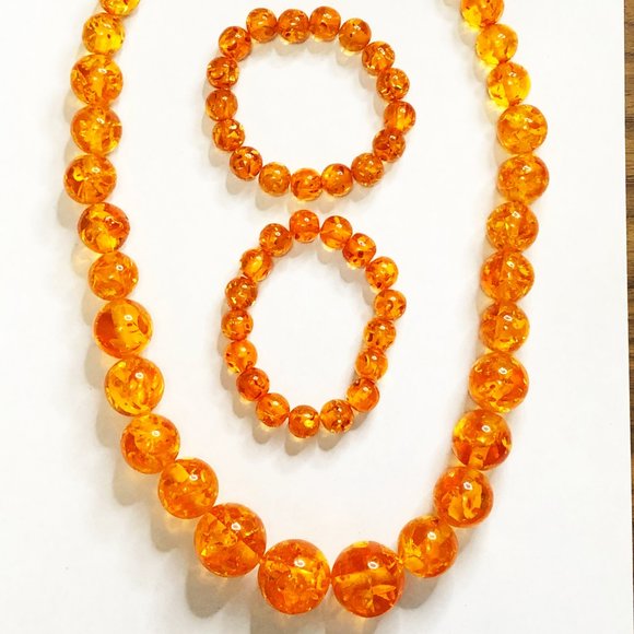 Orange Amber Jewelry Set (Necklace & 2 Bracelets) - Picture 1 of 9